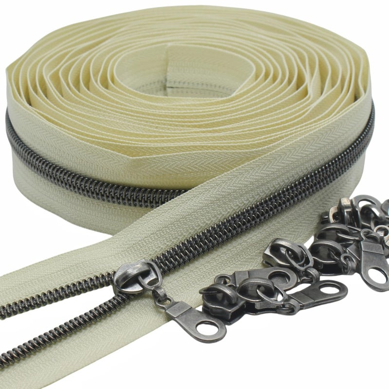 MebuZip #5 سحابات ملفوفة من النايلون المعدني من The Yard، لفة سحاب ملفوفة كبيرة الحجم بطول 10 ياردات مع 25 قطعة سحب لحقائب الخياطة اليدوية (بيج) - Image 2
